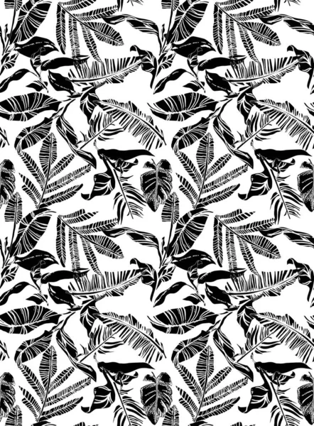 Vector Naadloos Patroon Met Composities Van Grafische Tropische Bladeren Palmbladeren — Stockvector