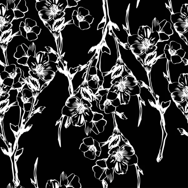 Vit fodrad sakura handritade sömlösa mönster på svart bakgrund. vektor botanisk bakgrund. — Stock vektor