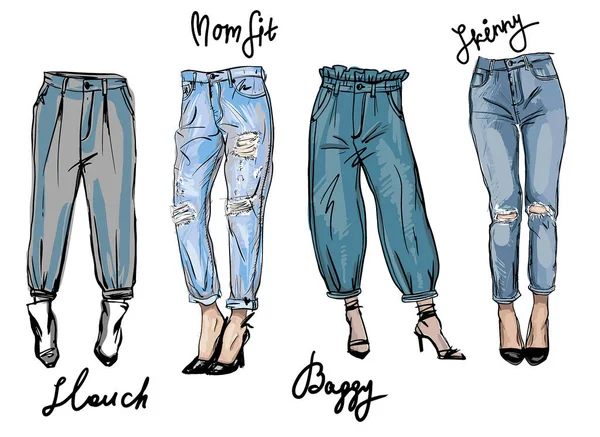 Boceto vectorial de jeans de moda en forma. Ilustración de moda ashion, boceto de moda . — Vector de stock