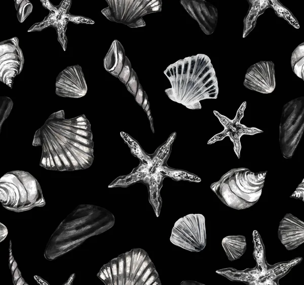 Seamless Vector Pattern Seashells Starfish Monochrome Color Black Background Watercolor — Stock Photo, Image