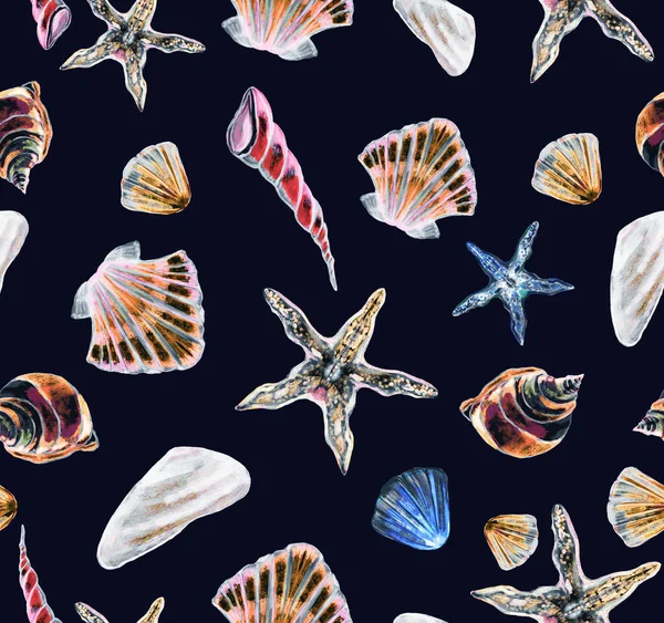 Seamless Vector Pattern Seashells Starfish Color Dark Blue Background Watercolor — Stock Photo, Image