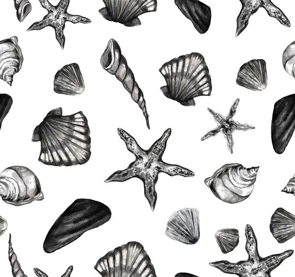 Seamless Vector Pattern Seashells Starfish Monochrome Color White Background Watercolor — Stock Photo, Image