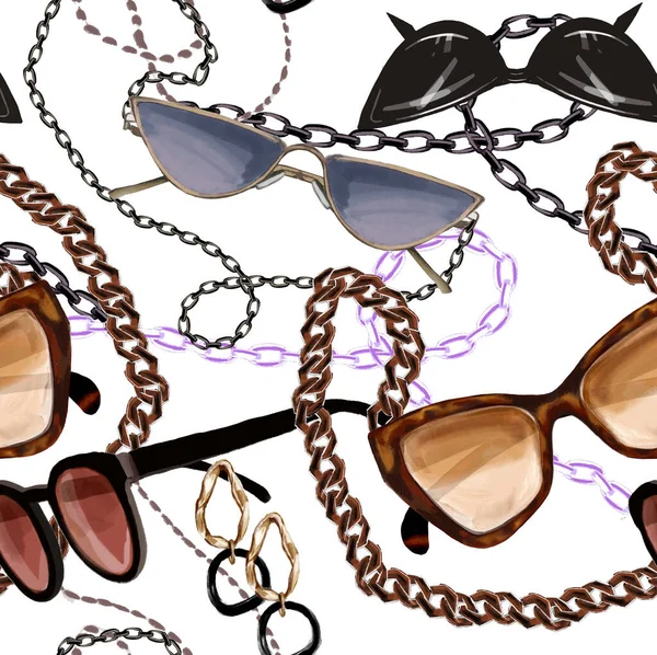 Gafas Sol Moda Raster Con Cadenas Sobre Fondo Blanco Papel — Foto de Stock