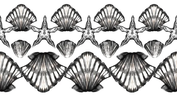 Seamless Raster Pattern Seashells Starfish Monochrome Color Watercolor Texture Nautical — 스톡 사진