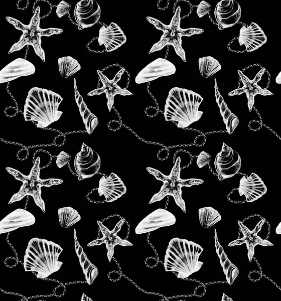 Seamless vector pattern with seashells and starfish in monochrome color with chains on black background. Watercolor texture. Nautical background. Perfect for textile, design, wrapping and etc.