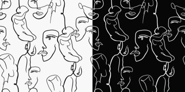 Soyut kadın portreleri ve şekilleri. Kadın yüzü tek renk arka planda bir çizgi çiziyor. Moda tasarımı için kadın resimleri. Sanatsal arkaplan.