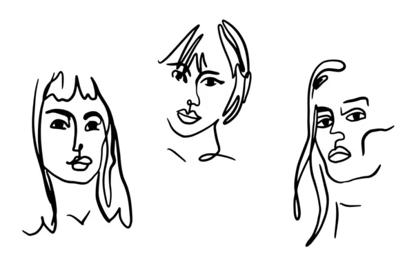 Abstract Woman Portraits Female Face One Line Drawing Sketch Young — 스톡 벡터