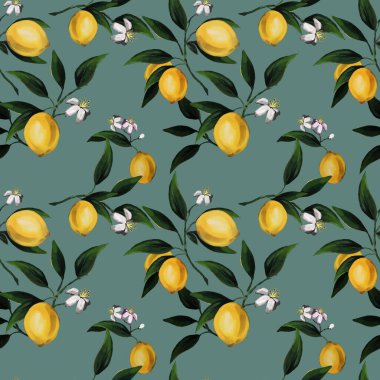 Aquamarine renk arka planında kusursuz narenciye raster deseni. Limonlu ve yapraklı el çizimi. Tekstil, duvar kağıdı ve ambalaj için mükemmel.