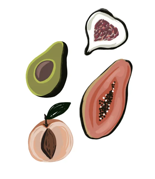 Set Exotic Fruit Halves Illustration Peach Papaya Avocado Figs Hand — Stock Photo, Image