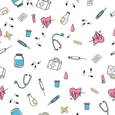 Vektör el, sağlık ve tıp hizmetlerini çizdi. Kusursuz bir desen çizdi.