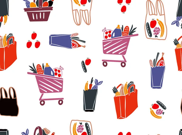 Bolsas de compras y cestas con patrón de vectores planos de supermercado . — Archivo Imágenes Vectoriales