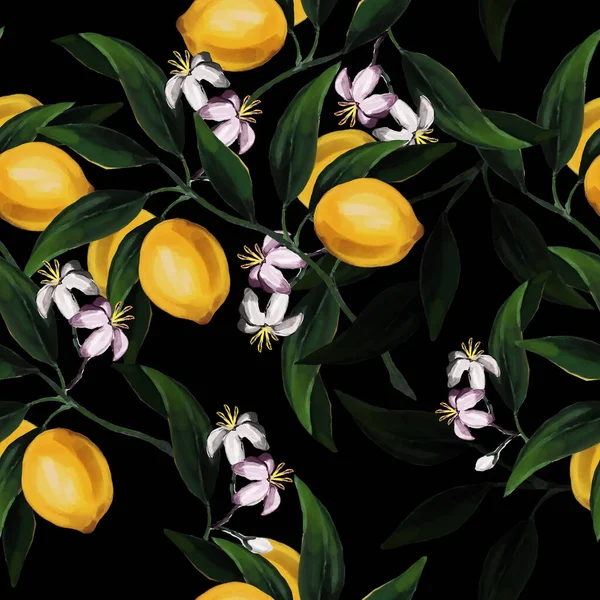 Seamless hand drawn citrus raster pattern on black background. — Stock Photo, Image