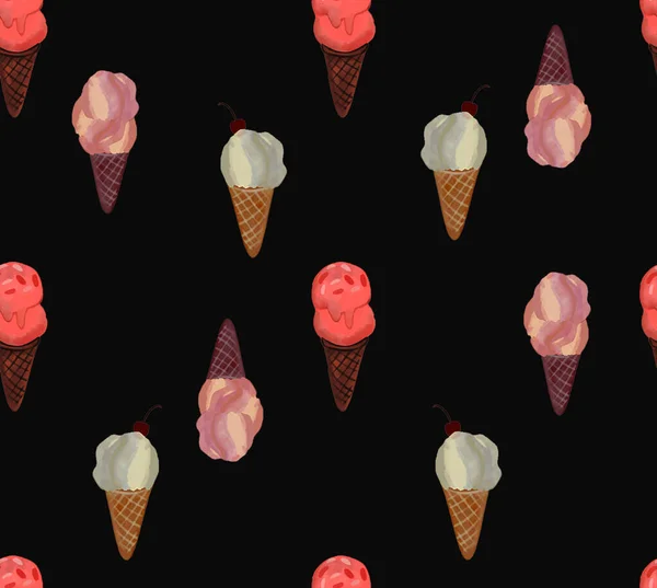 Eiskugeln und Waffelkegel. Verschiedene Gefälligkeiten und Farben raster nahtlose Muster — Stockfoto