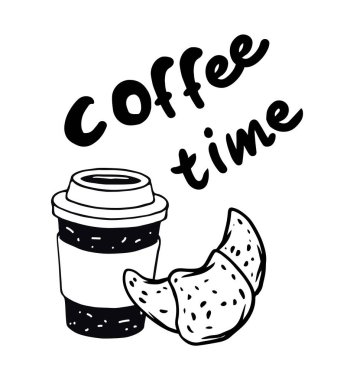 Siyah ve beyaz renkli kruvasan taşıyıcısı. Kafe için poster