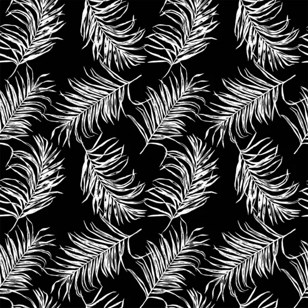 Black and white tropical palm tree leaves seamless pattern. — Stock Vector