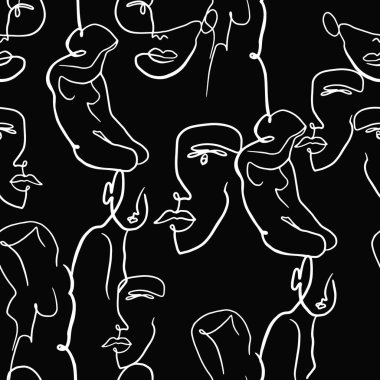 Soyut kadın portreleri ve şekilleri. Kadın yüzü tek renk arka planda bir çizgi çiziyor. Moda tasarımı için kadın resimleri. Sanatsal arkaplan.