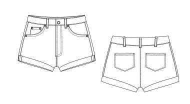 Kısa Pantolon, Düz Çizim Şablonu, vektör, giysi şablonu. Şortun teknik çizimi.