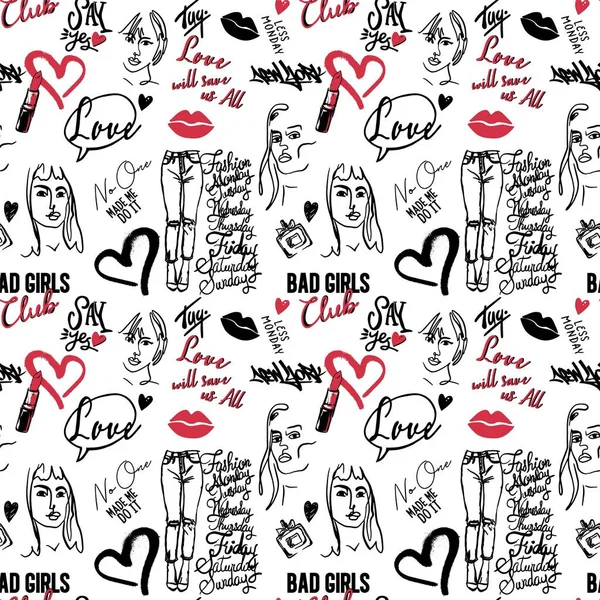Doodle Romantický Vzor Dívčím Stylu Pop Art Rty Text Srdce — Stockový vektor