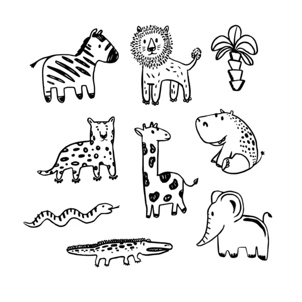 Ensemble Animaux Vecteurs Africains Illustration Coloriage Collection Animaux Mignons Noir — Image vectorielle