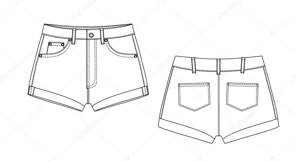 Short Pants, Flat Sketch Template, vector, apparel template. Technical sketch of shorts