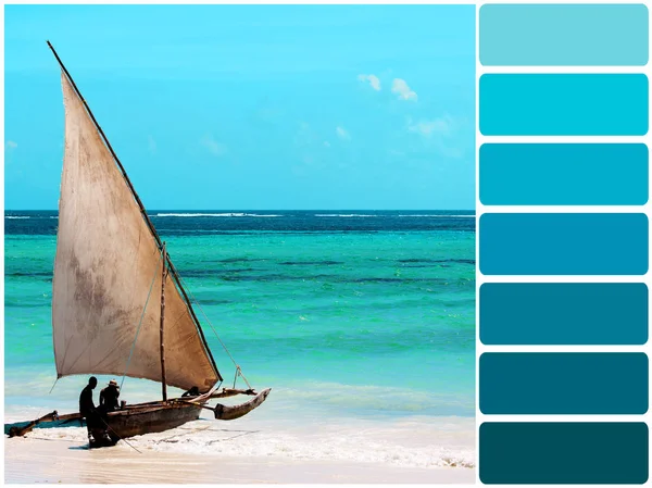 Série paleta de cores: tons de ciano - África barco dhow no lado do mar — Fotografia de Stock