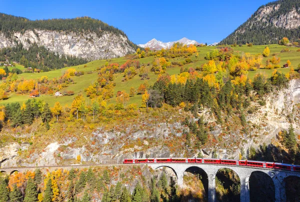 Filisur Switzerland October 2019 Red Train Crossing Famous Landwasser Viaduct — Stock Photo, Image