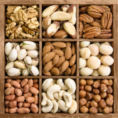 Tahta bir kutuda çeşitli fındıklar (sol üstten: ceviz, Brezilya cevizi, ceviz, şam fıstığı, badem, macadamia, fıstık, kaju, fındık)