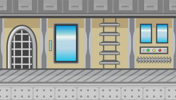 Интерьер бесшовного космического корабля с лестницей и синими окнами для игрового дизайна — стоковый вектор
