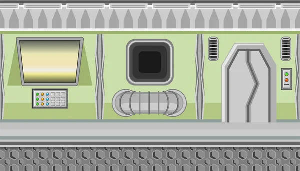 Nave espacial sem costura interior de corredor verde e monitor amarelo para design de jogos — Vetor de Stock