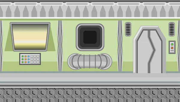 Intérieur sans couture du vaisseau spatial de couloir vert et moniteur jaune pour la conception du jeu — Image vectorielle