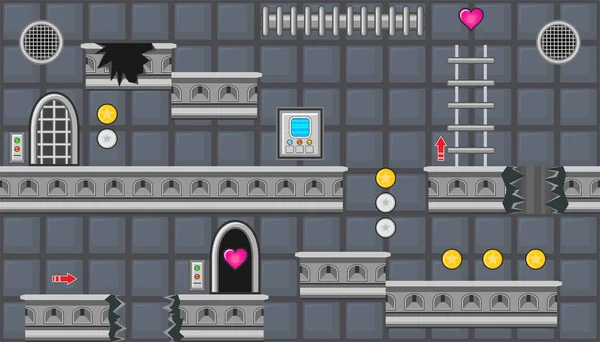 Habitación editable sin costuras con puertas redondeadas y escaleras para el diseño del juego de plataforma — Archivo Imágenes Vectoriales