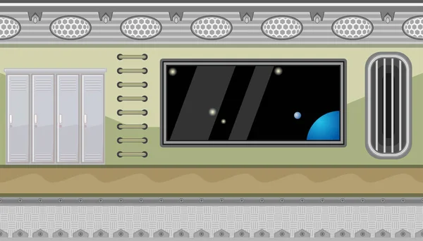 Interior de la nave espacial sin costuras con gran ventana y armarios para el diseño del juego — Vector de stock