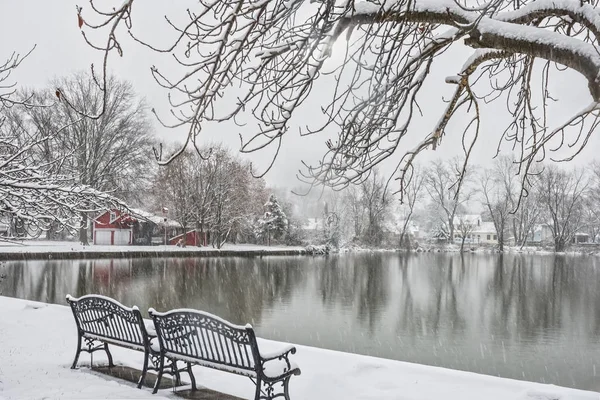 Снежные скамейки у озера — стоковое фото