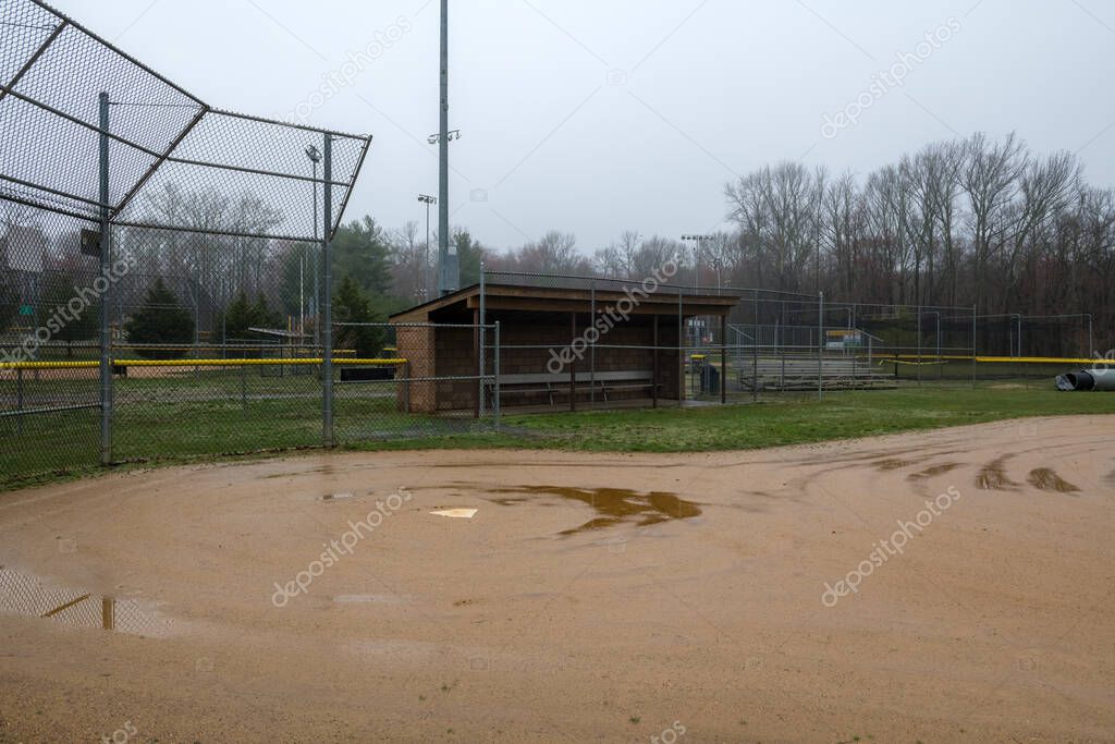 A baseball field on a overcast day while sports are suspended due to the Corona virus.