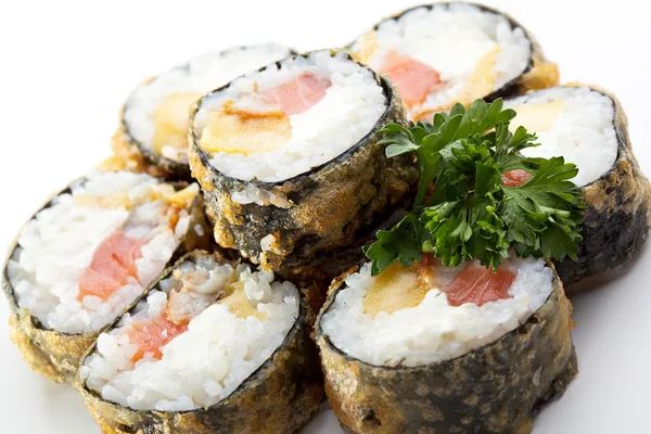 Tempura Maki Sushi - Roll made of Smoked Salmon, Smoked Eel, Pineapple and Cream Cheese inside — Stock Photo, Image