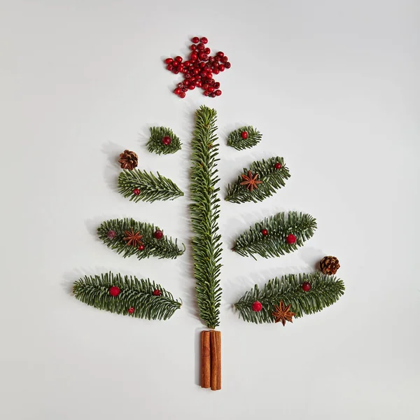 冬の紅葉とシナモンスティックで作られたクリスマス ツリー — ストック写真