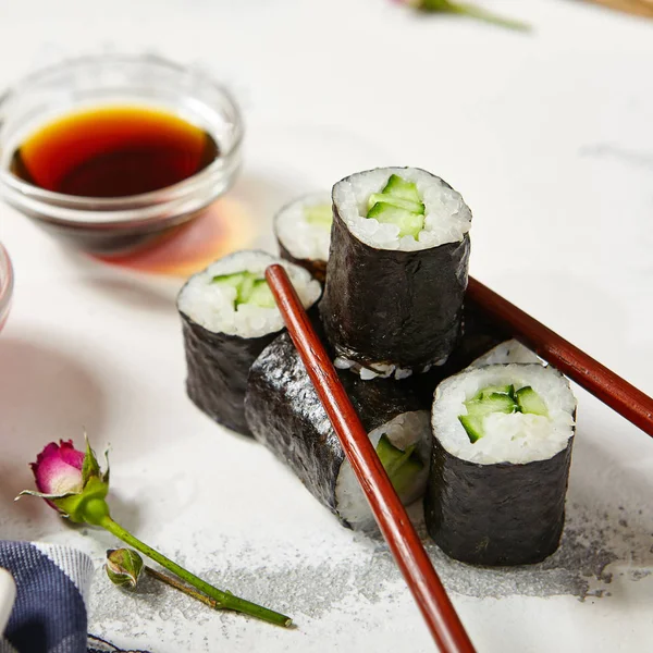 stock image Cappamaki Sushi Roll with Soy Sauce and Ginger over White Textur