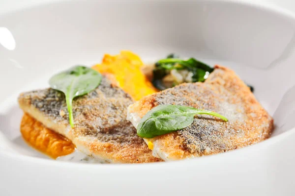 Cod Fillet Pumpkin Puree Spinach Closeup Seafood Restaurant Menu Item — Stock Photo, Image