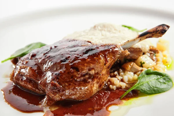 Duck leg with millet and hummus dish — Stock Photo, Image