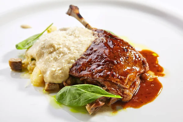 Duck leg with millet and hummus dish closeup — Stock Photo, Image