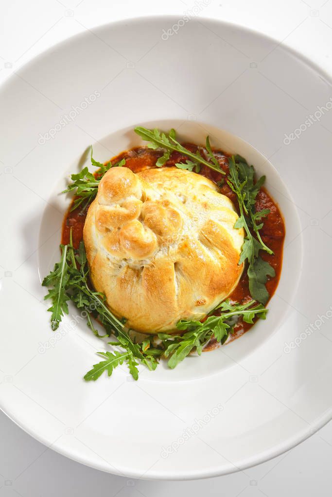 Baked Burrata Cheese with Tomato Sauce and Fresh Arugula Leaves