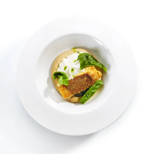 Breaded Fried Halibut Fillet with Parsnip Puree Isolated — ストック写真