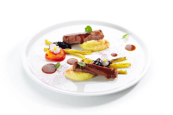 Fried Duck Breast with Baked Plum and Glazed Rhubarb Isolated — ストック写真