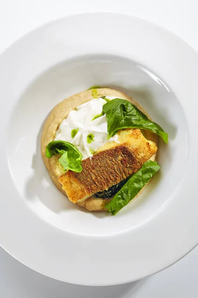Breaded Fried Halibut Fillet with Parsnip Puree Isolated — Stock Photo, Image