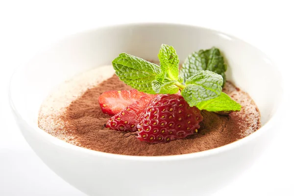 Italian Tiramisu Dessert with Green Fresh Mint and Sliced Strawb — Stock Photo, Image