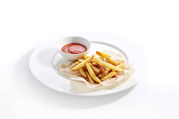 Fries or French Fries with Tomato Sauce Isolated — Stock Photo, Image