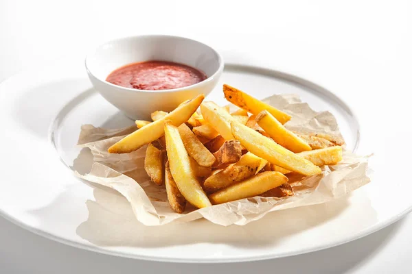 Fries or French Fries with Tomato Sauce Isolated — Stock Photo, Image