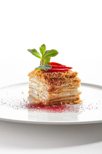 Традиційний російський медовий торт Medovik on Restaurant Plate Isola — стокове фото