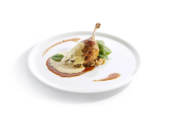 Duck Leg Confit with Pearl Barley on Restaurant Plate Isolated — Stock Photo, Image