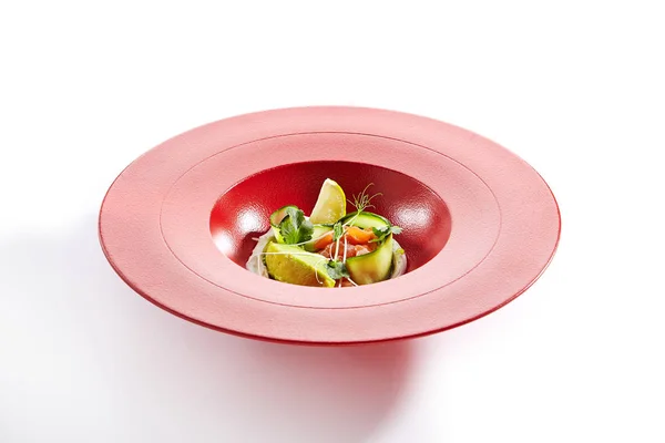 Gourmet Salmon Tartar with Avocado Puree on Red Restaurant Plate — Stock Photo, Image